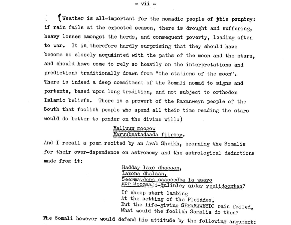 The book is a deep dive in traditional Somali understanding of weather, astronomy and astrology. Written from the point of view of someone who spent the first 20 years of his life as a nomad in the interior.Only someone with Galal's unique history could've written such a book.