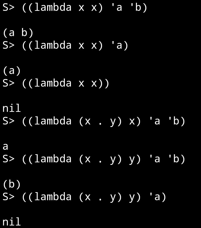 ytaki0801's tweet image. #PureLISP_sh のlambdaは（Schemeと同じく）引数定義に変数のみ（アトム）およびコンスセル表現（ドット対）が使用可能．これにより，任意の数の引数をとるラムダ式が定義できる．
#LISP #プログラミング