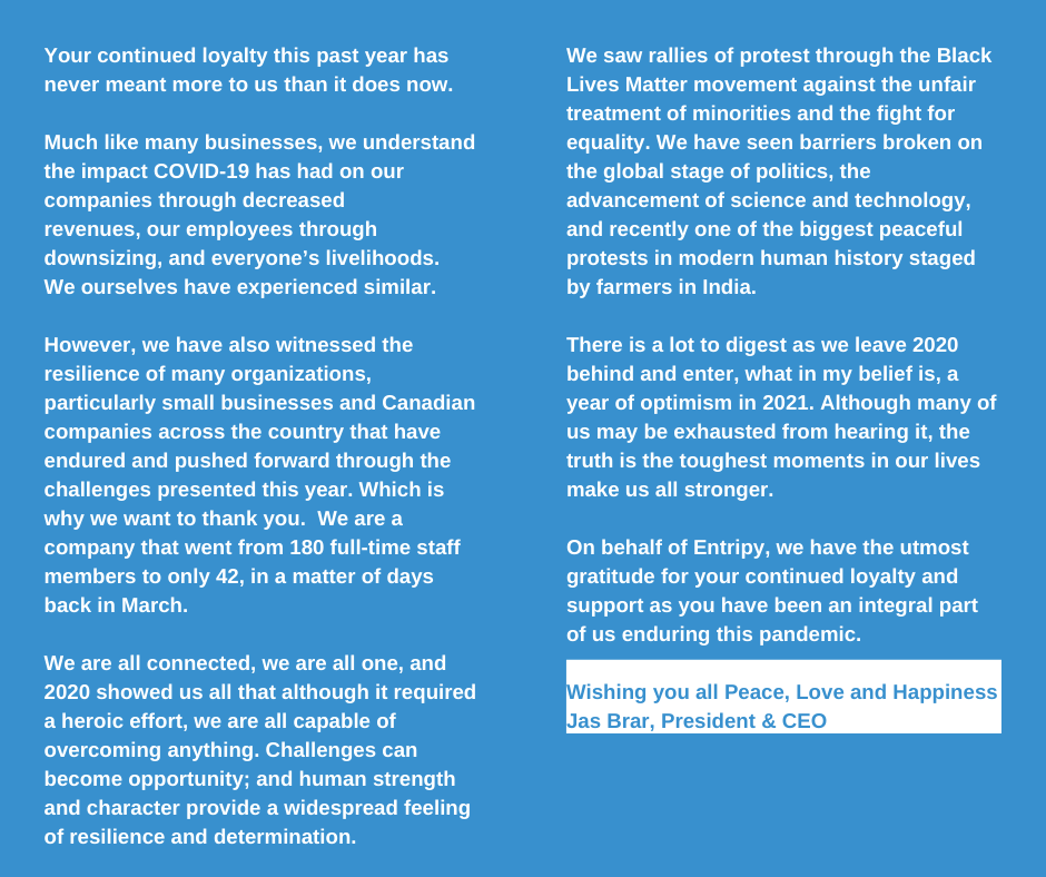 This year has been unlike any other and we wanted to take a moment to say thank you to our clients and community. 

Wishing you all Peace, Love and Happiness!💛