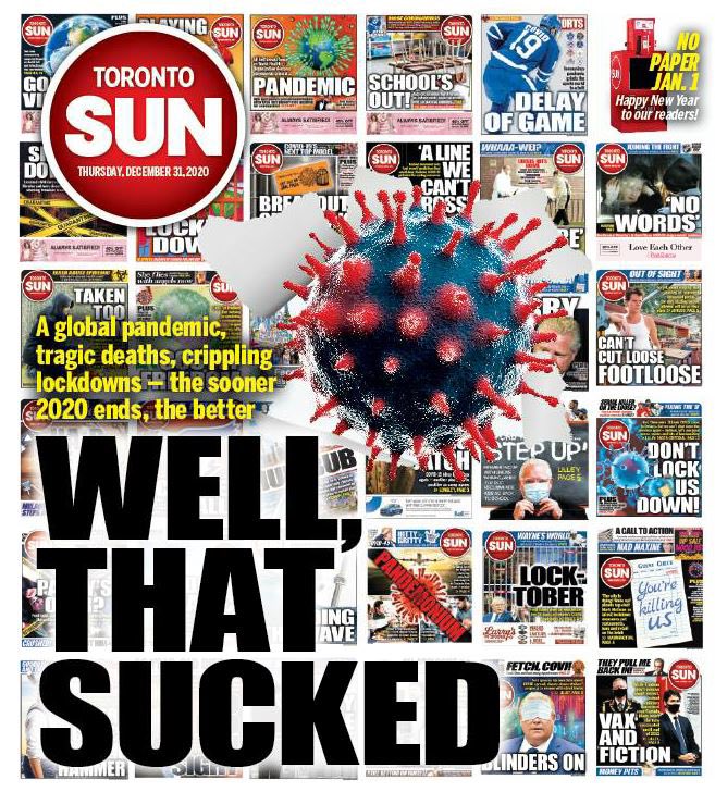 AdrienneBatra's tweet photo. The final @TheTorontoSun #tosunfront of 2020. Sums up the year quite well I think. https://t.co/j722tK4I7e