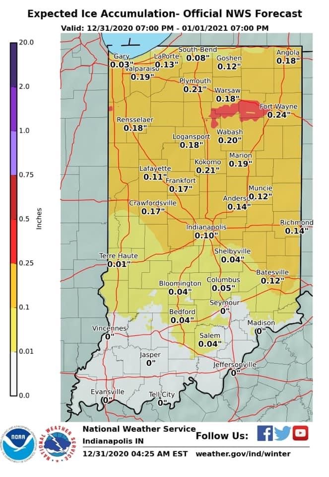PLEASE SHAREA Winter Weather Advisory has been issued for most of Indiana tomorrow morning due to overnight freezing rain. This will lead to ice accumulation up to .2" in parts of the sate.Hazardous road conditions are expected through late morning.  #INwx (1/4)