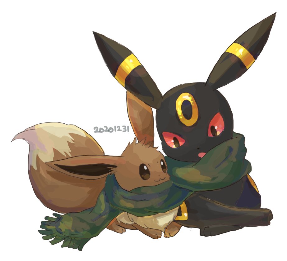 eevee ,umbreon pokemon (creature) no humans scarf green scarf white background brown eyes :3  illustration images