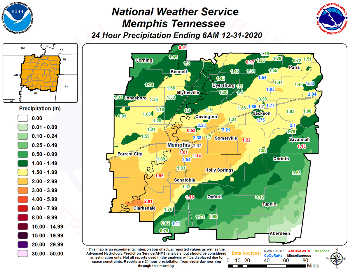 NWSMemphis's tweet photo. 💧 24 hour rainfall totals 💧
Another 1 to 2 inches of rainfall can be expected through New Year's Day. #MidSouthWx #tnwx #arwx #mswx #mowx https://t.co/bbu4FnW0Yc