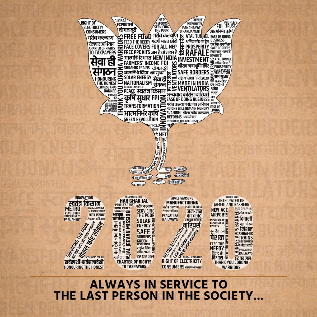 BJP4India's tweet photo. As we bid adieu to 2020, we note with satisfaction that our guiding philosophy of serving the last person of the society has been at the heart of all our actions and efforts.

Inspired by PM Shri @narendramodi, every BJP karyakarta is committed to walk the same path in 2021 too. https://t.co/45itkkiEzp
