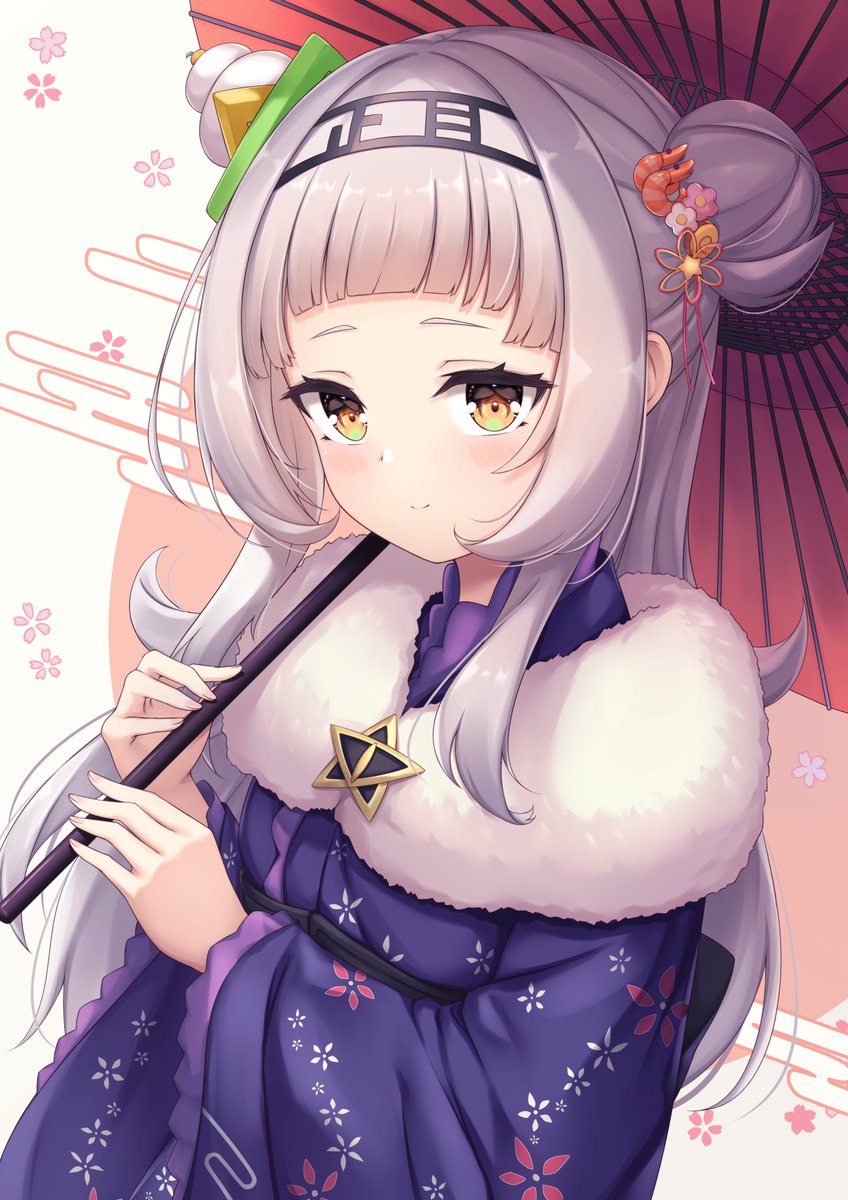 murasaki shion 1girl solo japanese clothes kimono hair bun umbrella grey hair  illustration images