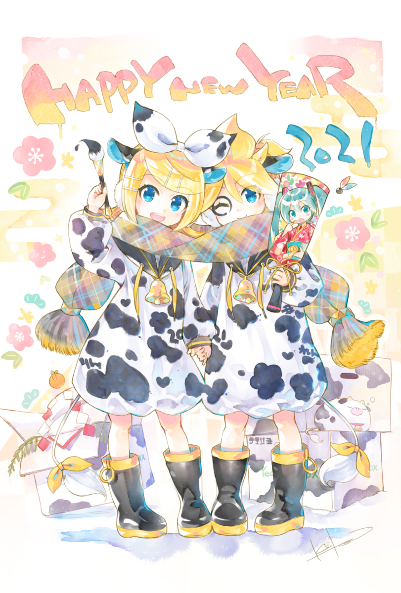 hatsune miku ,kagamine len ,kagamine rin hagoita hanetsuki year of the ox scarf shared clothes cow print new year  illustration images