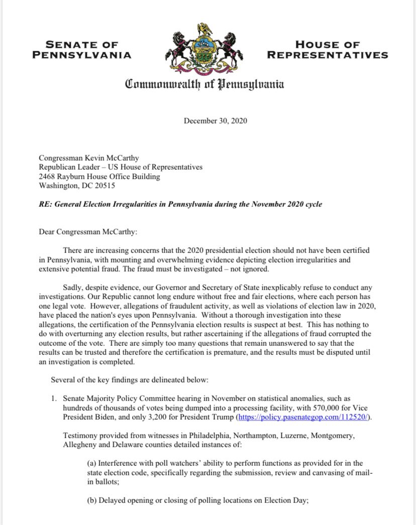 SenMastriano's tweet image. Today, members of the PA House and Senate request that Sen Mitch McConnell and Rep Kevin McCarthy dispute the PA election results until an investigation is conducted into the numerous claims of fraud. Until this is completed, the hastily certified results can’t be trusted (pt 1)