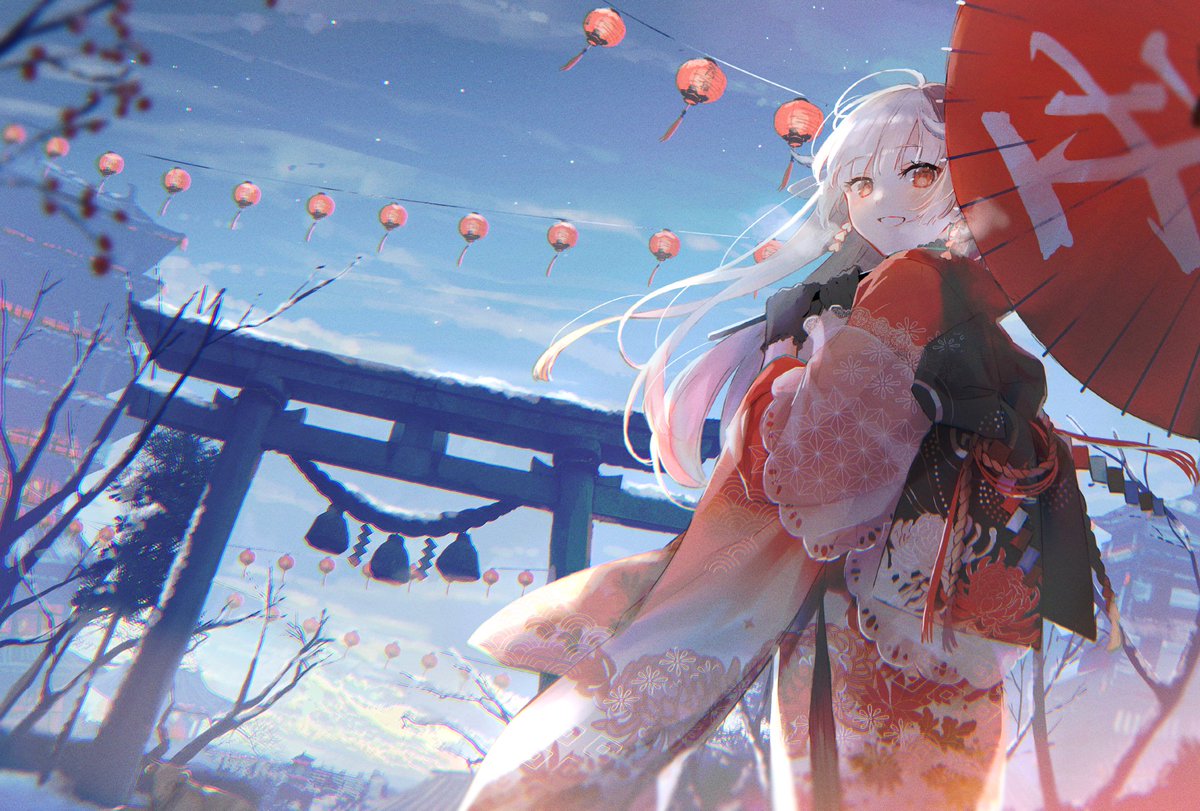 1girl japanese clothes solo kimono long hair umbrella sky  illustration images