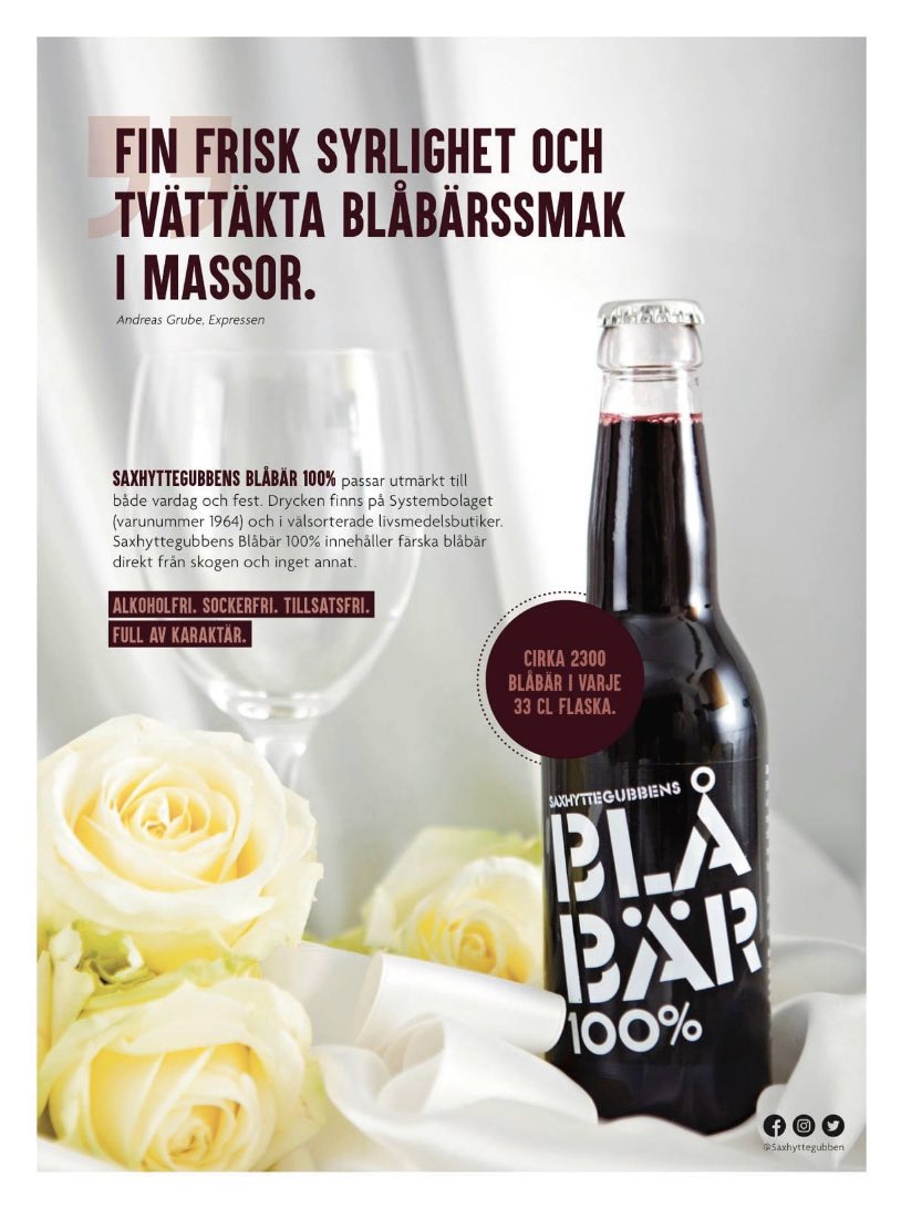 Saxhyttegubben's tweet photo. Vi älskar den snygga annonsen för Saxhyttegubbens Blåbär 100% i MissVEGO. 🍷
@MissVego är livsstilsmagasinet för dig som vill leva ett grönare och mer klimatsmart liv. Tidningen finns i stolsfickorna på SJ-tågen &amp; du kan läsa tidningen här https://t.co/mV27PjnKAr
Gott Nytt År! 💙 https://t.co/MSVlmkszwL