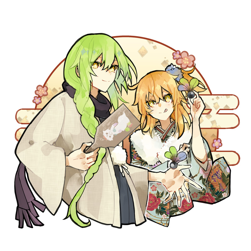 enkidu (fate) ,fujimaru ritsuka (female) green hair paddle 1girl yellow eyes japanese clothes long hair androgynous  illustration images