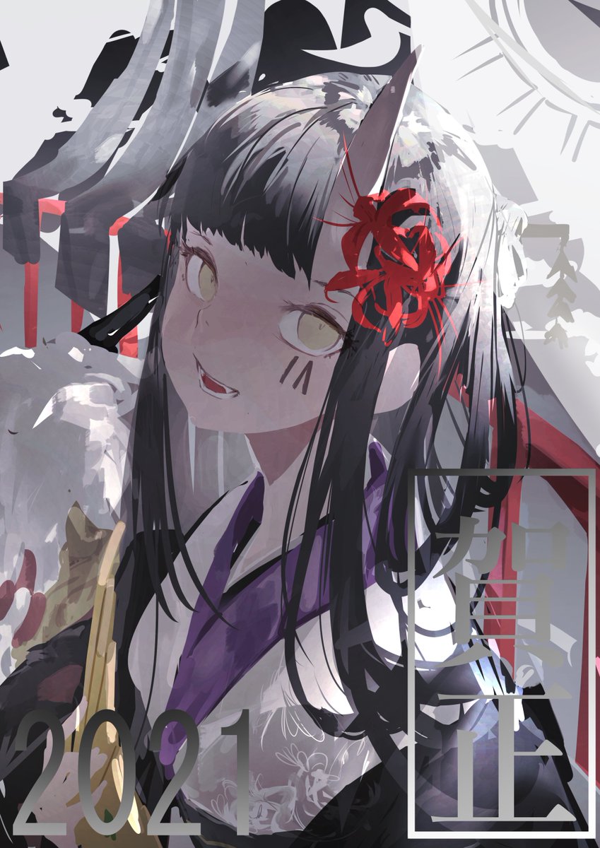 1girl solo japanese clothes kimono horns black hair long hair  illustration images