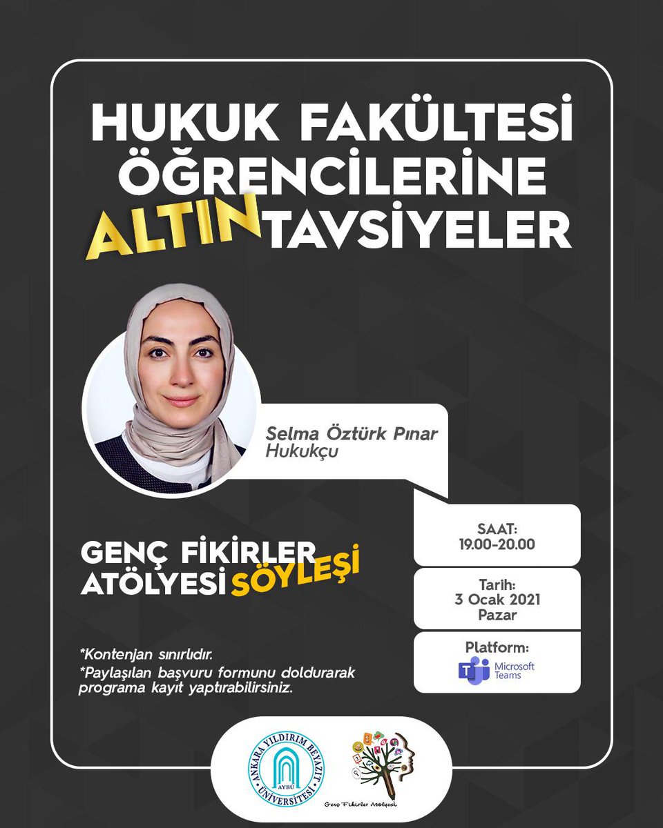 gfatolye's tweet photo. Yeni Yılın İlk Hukuk Söyleşisi GEFA'da 📢

"Hukuk Fakültesi Öğrencilerine Hukukçu Selma Öztürk Pınar'dan Altın Tavsiyeler"💐 @SelmaOeztuerk

3 Ocak Pazar, 19.00-20.00 yapacağımız söyleşimize katılmak için 👇🏼 
https://t.co/UhtrnGyoSL https://t.co/YhqY7bdwYZ