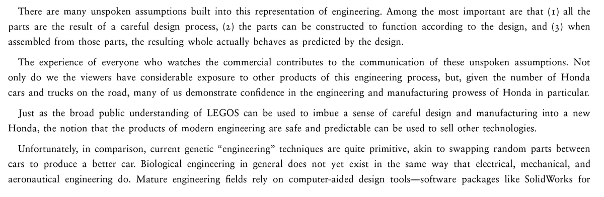 17.  @rob_carlson's excellent book "Biology is Technology" has a great discussion of the necessity of predictive quantitative models for design and engineering. Here's an excerpt, which repays thought IMO: