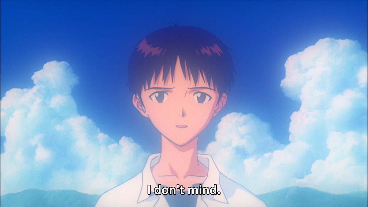 emotions while piloting. And Shinji’s answer to Kaworu’s question is a major step for him. A groundbreaking leap toward acceptance. Shinji wavers so much throughout the series and wildly fluctuates between both extremes, either being extremely emotional or withdrawing entirely.