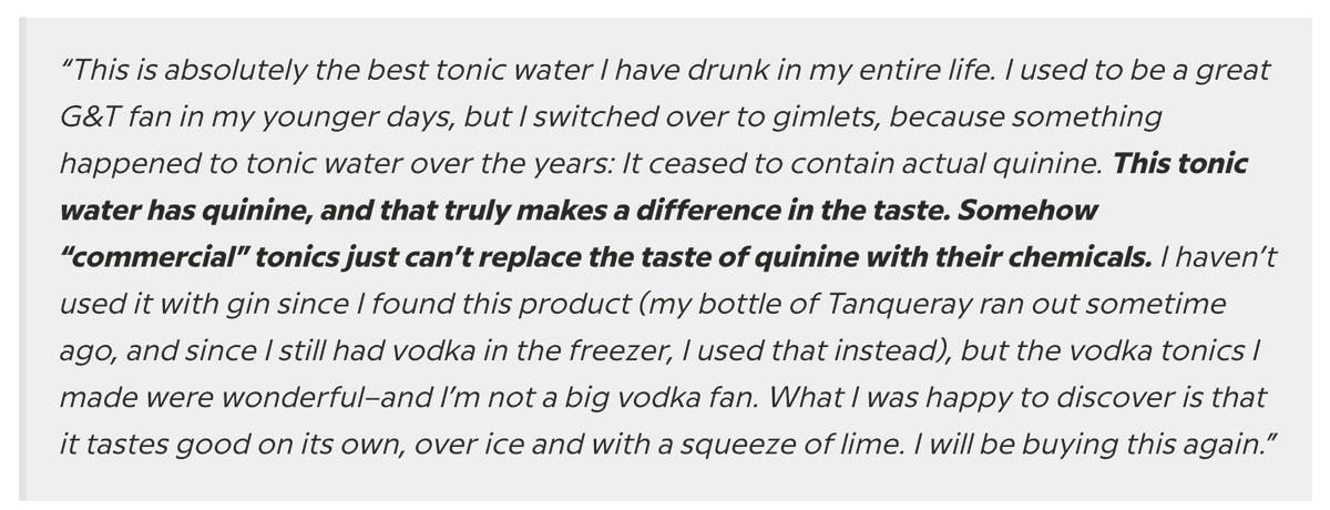 6/ Amazon FanaticsAs I write this FEVR is the #1 best-selling tonic water on Amazon despite a $2+ premium over their next-closest competitor. The reviews are also impressive. FEVR has 4K+ reviews with an average rating of 4.7/5 stars. Read this user's review for yourself.