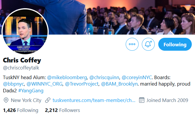 PopulismUpdates's tweet photo. #MayorWatch This guy Chris Coffey @chriscoffeytalk seems like one of Yang's major operatives. Bloomberg alumni but also clearly an NYC political veteran having worked for former mayoral candidate Christine Quinn and NYC Council Speaker Corey Johnson (once a frontrunner for mayor) https://t.co/Q2NdjCClO3