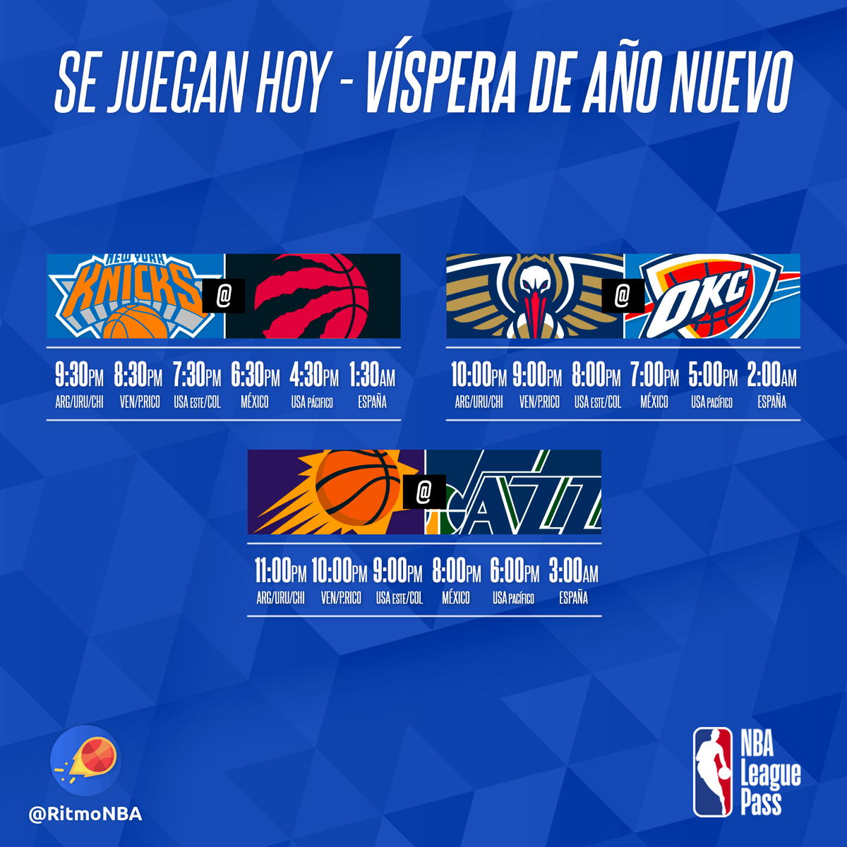 RitmoNba's tweet photo. ๐ Semana #2 - Jornada #9 ๐
Siete juegos en la despedida del aรฑo. Ya comienza el primero.
#noticiasnba #nbanews #alvaromartin #nba #nbaenespanol #nbaespanol #venalanba #wholenewgame #ritmonba #cronogramapartidosnba #cronogramapartidos #partidosnba #juegosnba https://t.co/SEb5J0ZwLf