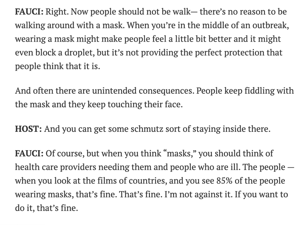 Remember when Dr. Fauci said not to wear masks in March on 60 minutes.Then later said he knew masks were good but wanted to protect mask supplies for first responders?Then he didn’t wear a mask at the ballgame?