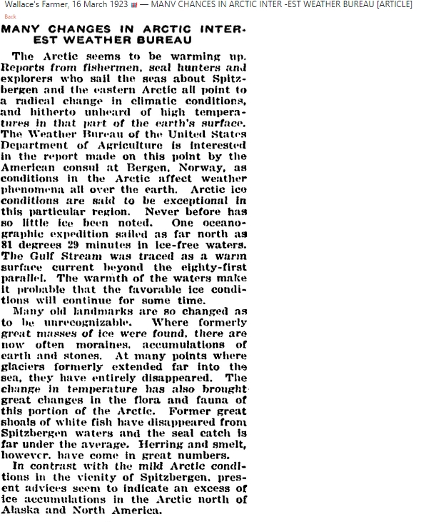 "Many Changes in Arctic" - Weather Bureau 1923"Radical change in climatic conditions""Unheard of high temperatures""Never before has so little ice been noted""old landmarks are so changed as to be unrecognizable"