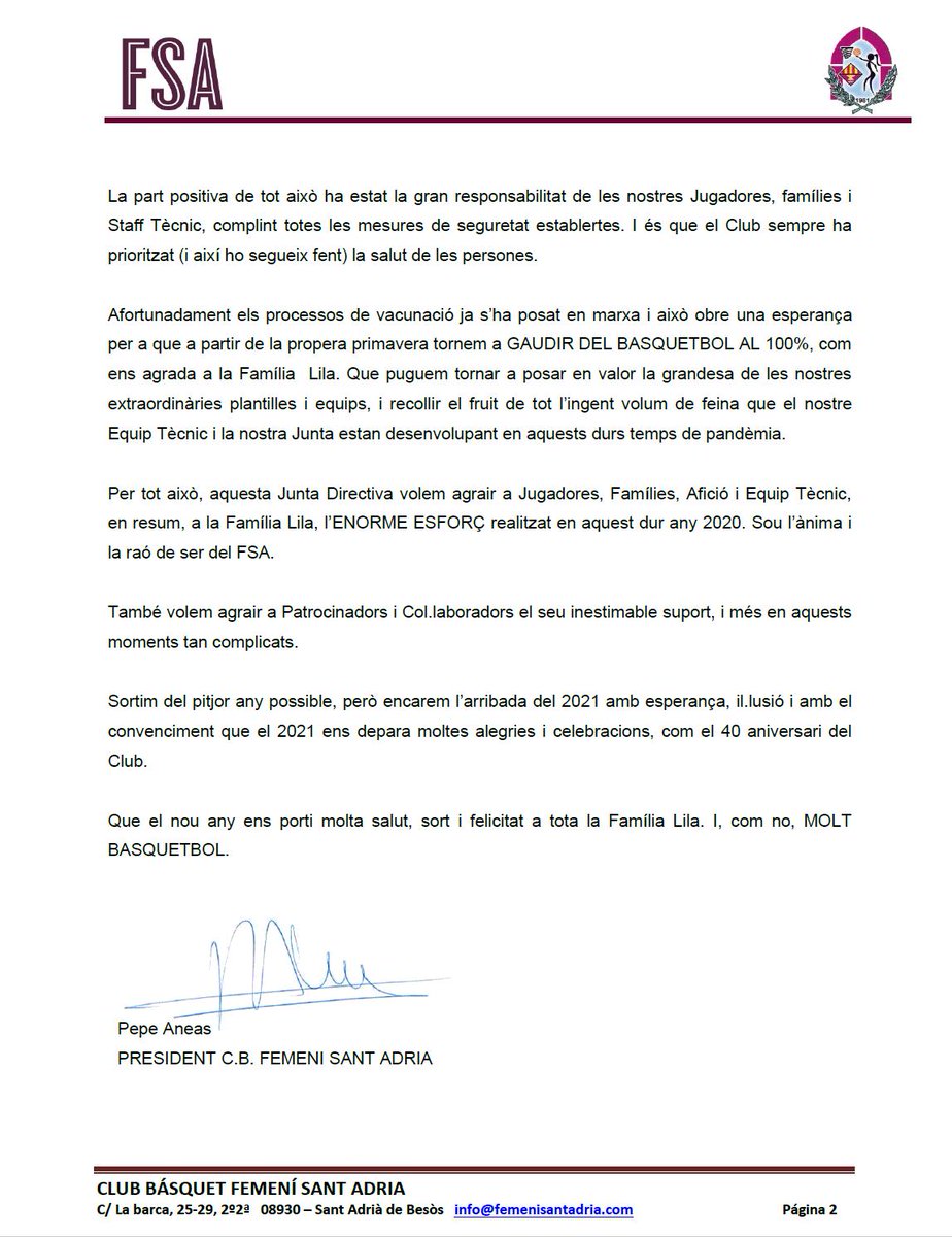 CARTA de comiat 2020. Pepe Aneas s'adreça a la família lila.

Des del Club Bàsquet Femení Sant Adrià us desitgem una bona nit de Cap d'Any i desitgem al 2021 molta salut per a la família lila. 

#ForçaLiles 💜