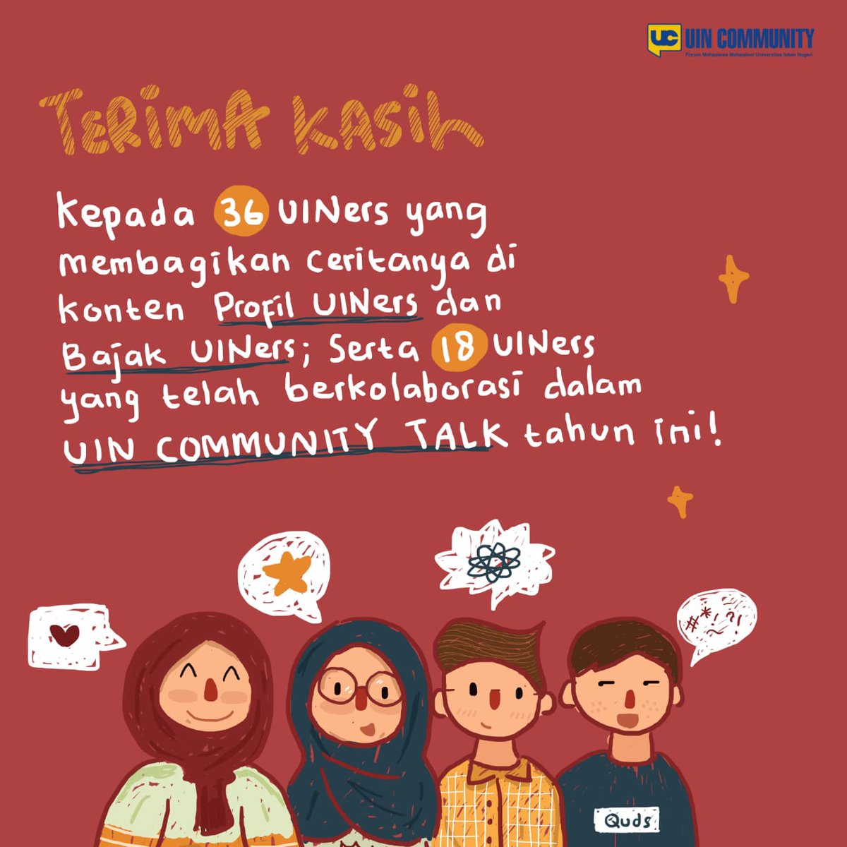 uincommunity's tweet photo. Kamu, #UINers, adalah yang menghidupkan #uincommunity. Terima kasih telah mewarnai 2020 dengan kisah-kisah inspiratifmu, ya!

Semoga, lebih banyak Profil UINers dan #uincommunitytalk yang bisa kita bagikan di 2021. Mari bersinergi, mari berkolaborasi! #weloveuin https://t.co/uCUHWYrc96