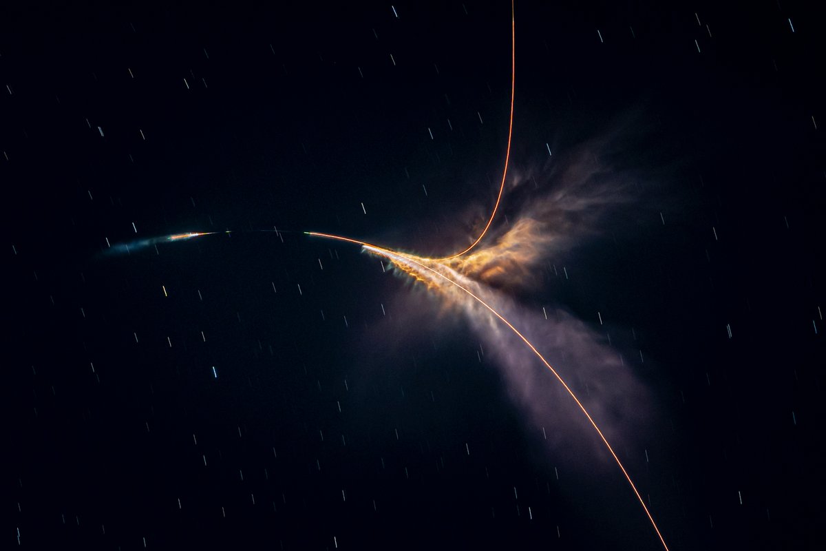 The nighttime launch and RTLS landing of Falcon 9 during the CRS-20 mission resulted in two otherworldly “nebula” shots.A closeup view of the first/second stage exhaust plumes interacting after stage separation — and a wider, long-exposure view of the same scene.