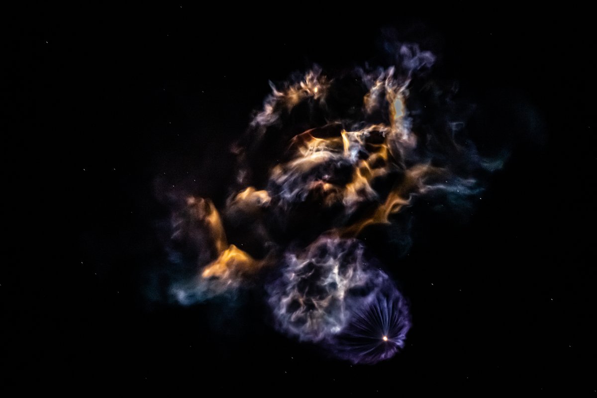 The nighttime launch and RTLS landing of Falcon 9 during the CRS-20 mission resulted in two otherworldly “nebula” shots.A closeup view of the first/second stage exhaust plumes interacting after stage separation — and a wider, long-exposure view of the same scene.