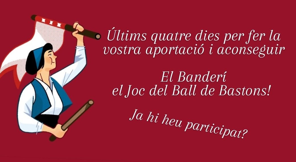 Ja queda poc perquè acabi la campanya a <a href="/goteofunding/">𝗚𝗼𝘁𝗲𝗼</a> per a poder fer El Banderí, el joc del ball de bastons!
Teniu fins diumenge 3 de gener per poder participar-hi goteo.org/project/el-ban…