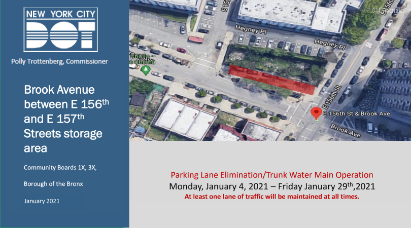 NYC_DOT's tweet photo. Extension of water main operations on E. 156th St in #theBronx will require a staging area on #BrookAve between E156th and 157th Sts eliminating five parking spaces. https://t.co/sLVefVoc2l