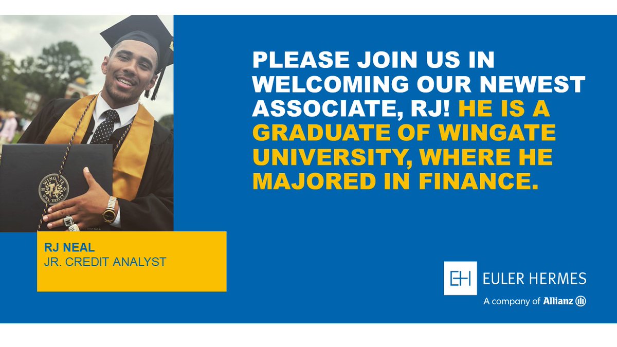 AllianzTradeNA's tweet photo. We are excited to welcome RJ to Euler Hermes as our newest Jr. Credit Analyst. Outside of work, he enjoys anything involving sports and is a die-hard DC sports fan. Welcome to the team! #EulerHermes #Ehappy #NewJob https://t.co/doYyqp91gV