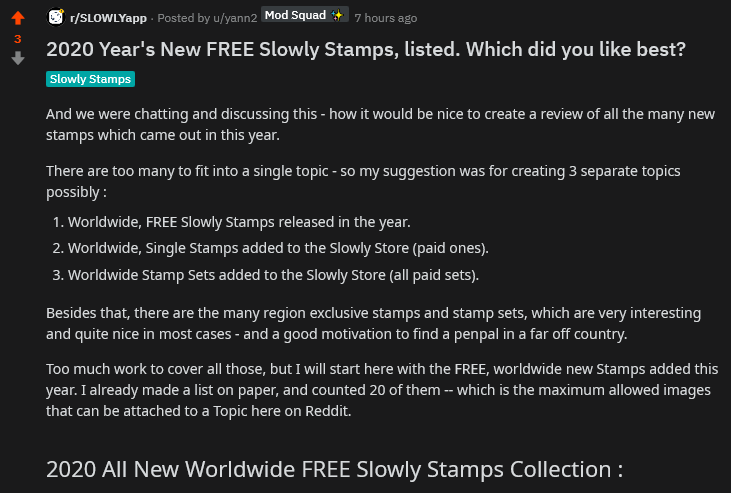 Yann244026126's tweet photo. 2020 Year's Review - All New FREE #Slowly Stamps, listed.
Which did you like best?
This year we had many, very pretty and new, FREE stamps added to our collections. See a list and their images here:
https://t.co/DnaSvMIrw6
#xp #slowlyapp #penpals #friendship https://t.co/2e7L2PROQV