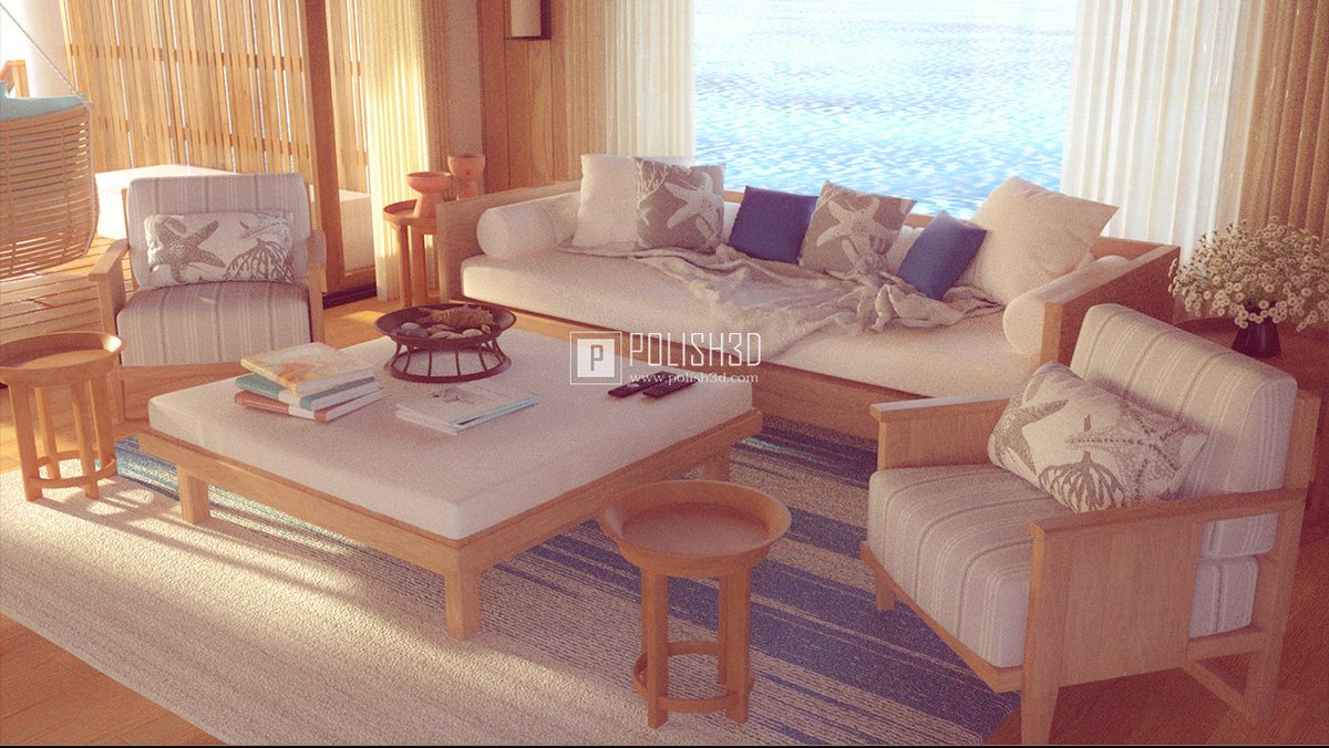 Summer Overwater bungalow interior made in 2020. #3dart #3dmodeling #3d #rendering #interior #summer #bungalow #vacation #beach, see more in polish3d.com