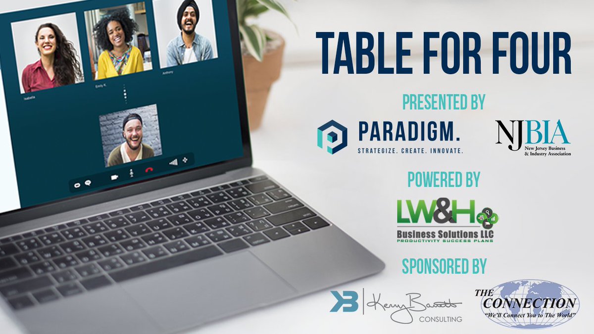 LorenaMoquera2's tweet photo. @NJBIA &amp; @ParadigmMDesign powered by @lwandhllc.  Invite you to join our virtual networking event, Table for Four! Every Monday at noon.

Register at: https://t.co/5cwtFwv2eC

Thank you to our sponsors: The Connection, Inc. &amp; @TheReelKerryB https://t.co/qeGust3n8L