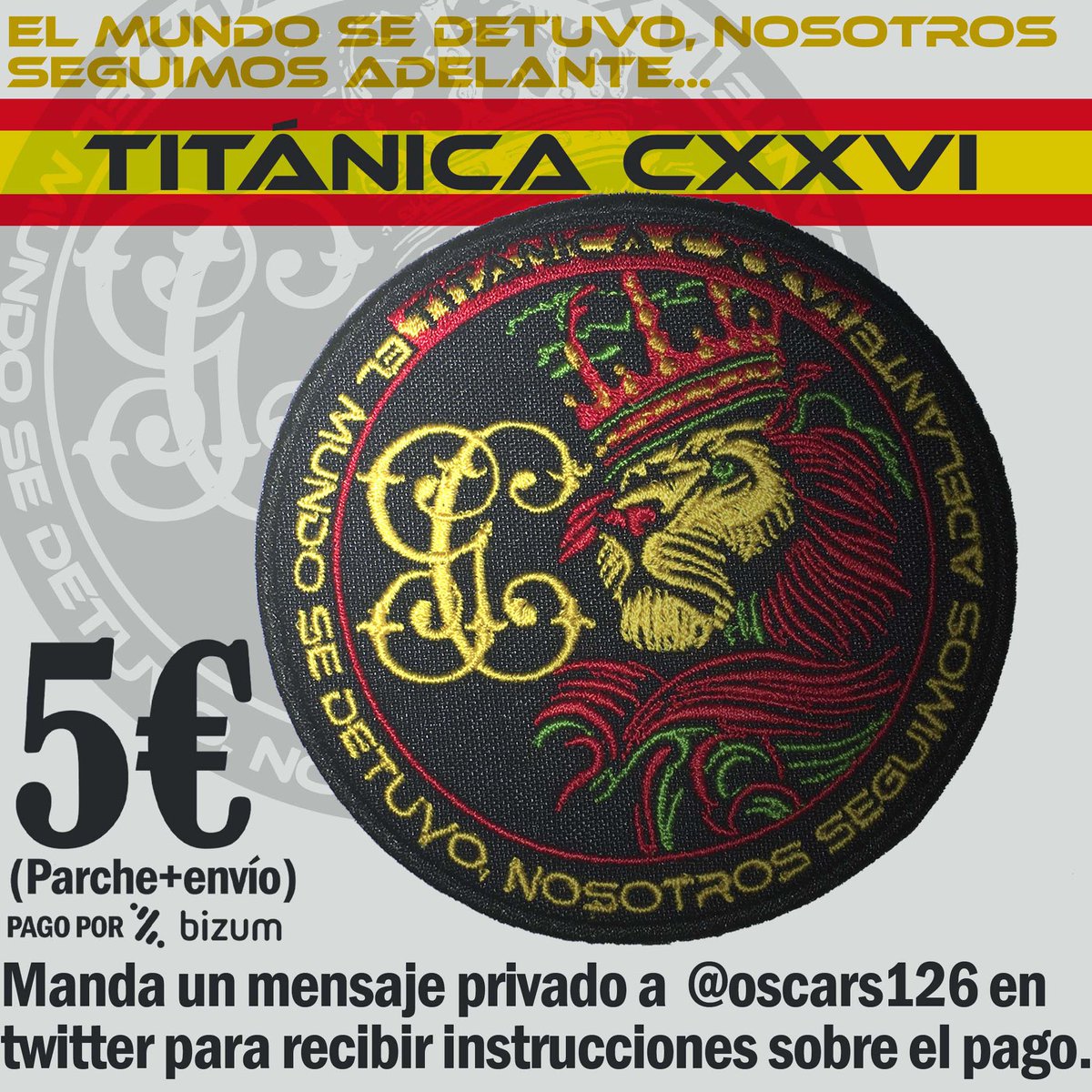 oscars126's tweet photo. El mundo se detuvo, nosotros seguimos adelante. TITÁNICA CXXVI 🇪🇸
¡5€ PARCHE+ENVÍO!
Escríbeme privado para instrucciones.
(El total del beneficio, que es 1.50€ por parche, va destinado a la lucha contra el cancer de mama)
#GuardiaCivil #promocion126 #titanica126 #parche #leon https://t.co/6yJWqt3IOP