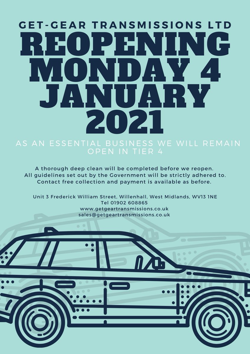 GetGearLtd's tweet photo. We will reopen as planned on Monday 4th January 2021. All Government guidelines will continue to be adhered to as previously. Contact free collection is available, please ask for more information.

Stay safe, have a Happy New Year, and we'll see you all in 2021.

Claire and Gary. https://t.co/LWtYN0EjCl