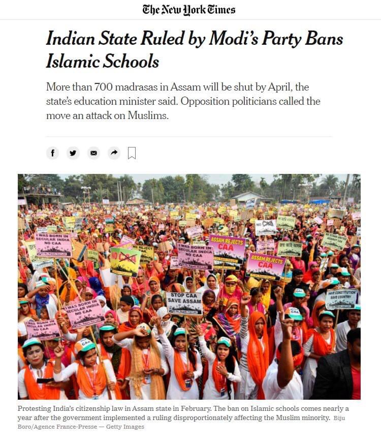   @parthparihar for this analysis. “Coverage of India by the NYT has become unreadable. This NYT story, sourced by Reuters, headlines that BJP-ruled Assam "bans Islamic schools." The natural conclusion, made in the piece, is that "the move is an attack on Muslims." (1/n)