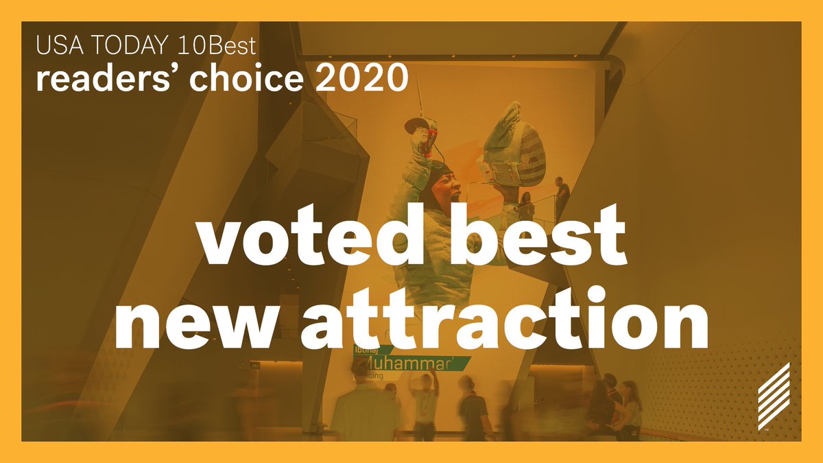 Graphic featuring a photo of the USOPM atrium with fencer Ibtihaj Muhammad on a large LED screen. Text reading, "USA TODAY 10Best, Readers' Choice 2020, Voted Best New Attraction"
