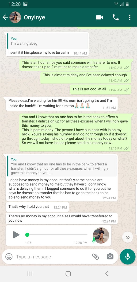 I reminded her November 15th. On November 16th, she came with several lies;1. She said she'd tell someone to transfer to me.2. She said she was in the bank waiting for him lmao.At this point, I knew I had entered one chance.