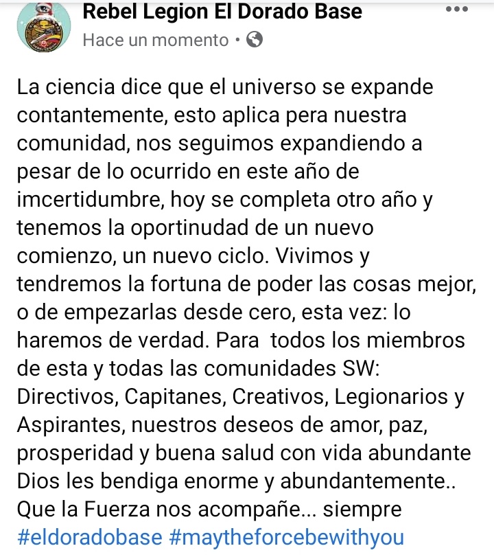Para  todos los miembros de esta y todas las comunidades #starwars, nuestros deseos de amor, paz, prosperidad y buena salud con vida abundante
Dios les bendiga enorme y abundantemente..
Que la Fuerza nos acompañe... siempre
#eldoradobase #maytheforcebewithyou