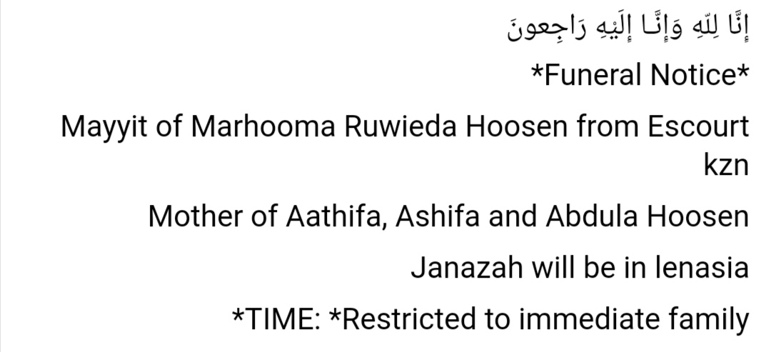 muslimfuneralsa's tweet photo. FUNERAL OF Essop Adam, Imraan Amos, Ruwaida Hoosen, Suhaib Abdul https://t.co/9JkjxzvgIz