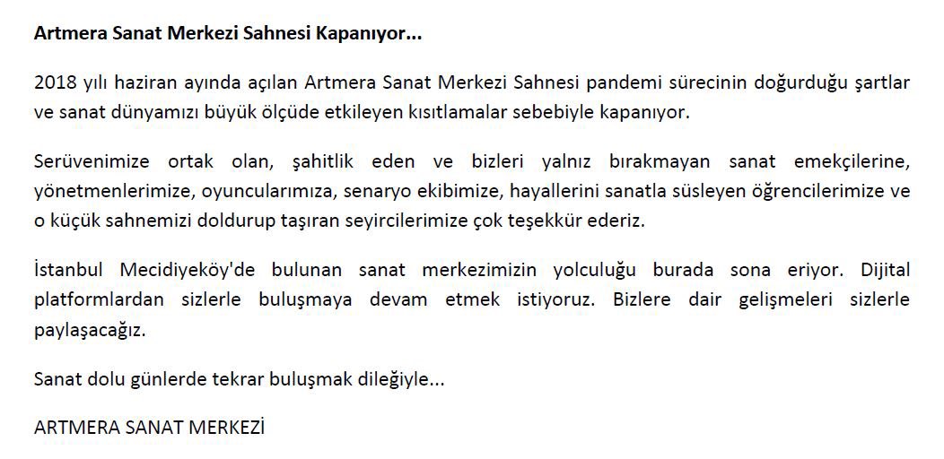 ArtmeraAkademi's tweet photo. Artmera Sanat Merkezi Sahnesi kapanmıştır. Kamuoyuna saygıyla duyurulur. https://t.co/udHsCjBXl0