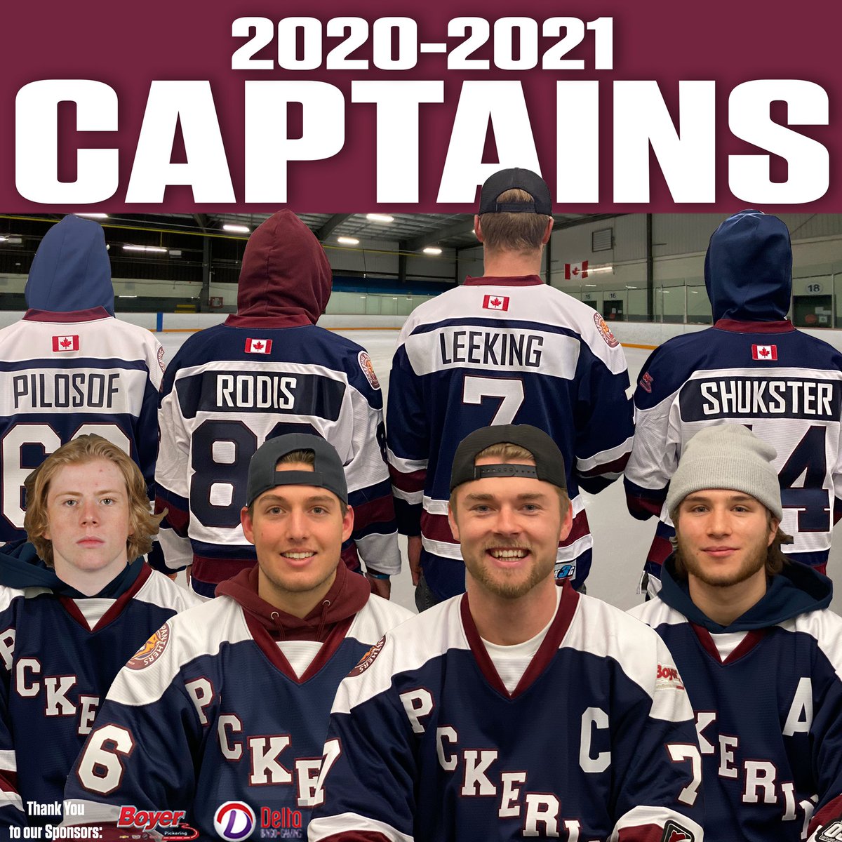 PanthersOJHL's tweet photo. 🚨MEET THE CAPTAINS🚨 
We are happy to announce our Captains for the 2020-2021 season! The leadership group includes our Assistant Captains Eli Pilosof, @Christos_Rodis, @curtisshukster and our Captain @BraydonLeeking! 
Thanks to our sponsors @DeltaBingoInc &amp; Boyer Pickering GMC https://t.co/IJVzNbJDB5