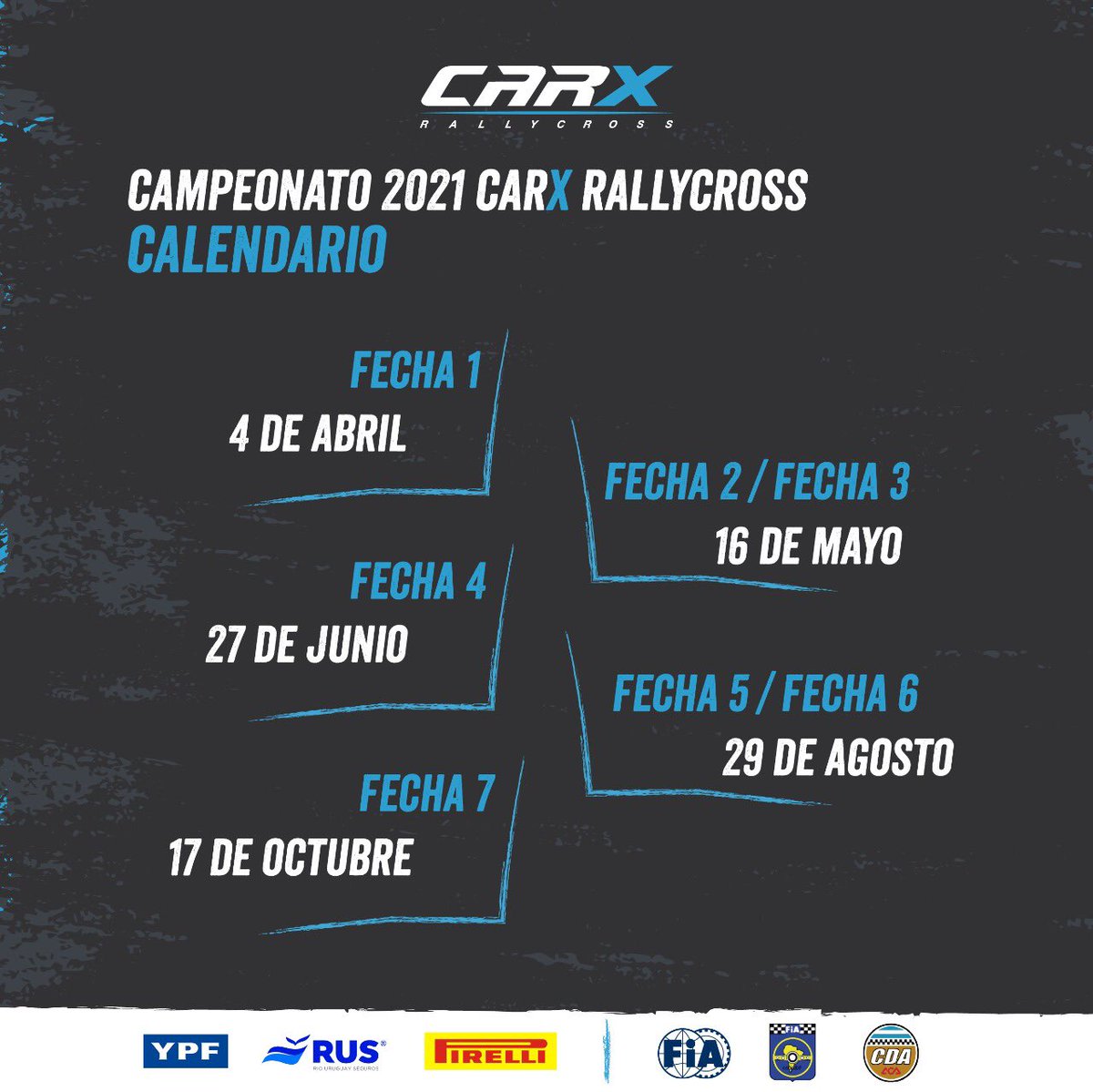 CARXRallycross's tweet photo. HOLA 2021 🙌
•
Confirmado el Calendario 2021 para el Campeonato Argentino y Sudamericano de CARX RallyCross.
A meterle juntos con todo en este año nuevo lleno de desafios.
•
Nos vemos el año que viene. 
@ruseguros @Pirelli @YPFoficial @FIAWorldRX https://t.co/BqyGe87Ibw