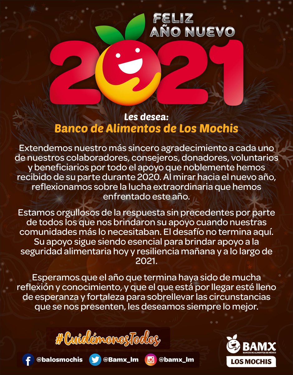 BamxLosMochis's tweet photo. ¡Les deseamos un próspero año nuevo lleno de salud y nuevos sueños por cumplir!
.
.
#FelicesFiestas #BAMXLM #HambreCero #PorUnMundoSinHambre #ZeroHunger #LosMochis #Ahome #sinaloa🍅 https://t.co/fSpfIb3Vs7