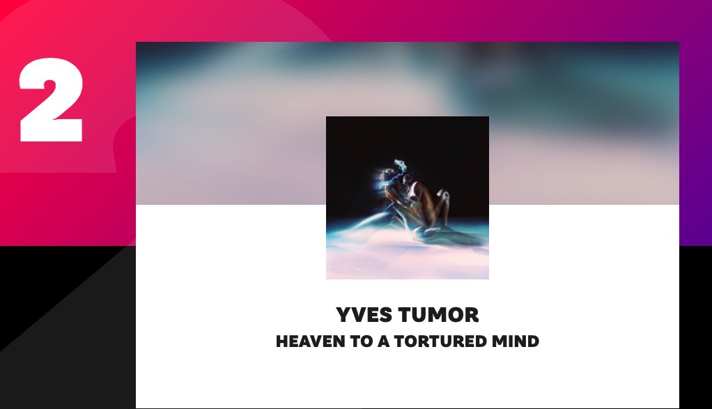 indierocks's tweet photo. [#TopIR] Los 100 Mejores Discos del 2020. https://t.co/Mv8LvKlj48 💿✨

2 / @YvesTumor — 'Heaven to a Tortured Mind' https://t.co/JSXjw5dNtN