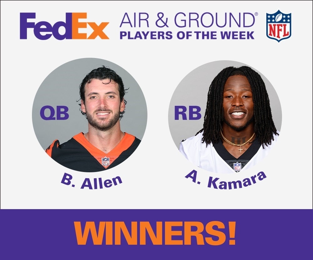 High fives to Brandon Allen and Alvin Kamara for being named the Week 16 FedEx #AirandGround @NFL Players of the Week! Well done! https://t.co/PlMTAHi0jh
