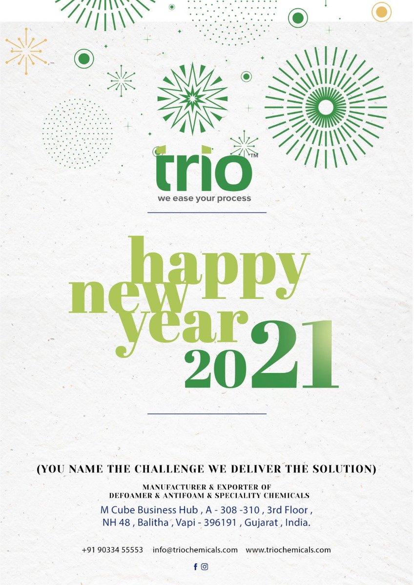 TrioChemicals's tweet photo. Happy New Year 2021 From Trio Chemicals - Manufacturer of Defoamer and Antifoam #siliconedefoamer #nofaom #trio #chemical #potatoprocessing #triochemicals #defoamer #antifoam #antifoam #antifaoming #trioban #paintindustry #foamkinoentry #pulpandpaper #antifoam #foodprocessing https://t.co/3q2kDp78Mo