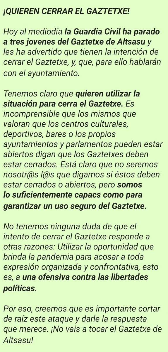 AltsasukoGA's tweet photo. 🚨Adi!🚨

Gaztetxea itxi nahi dute!

         ↘️  ⬇️  ↙️
🗣️ PRENTSAURREKOA
🗓️ Urtarrilaren 3a, Igandea
🕐 13:00
📌 Altsasuko Gaztetxeko aldapan https://t.co/Dyg19KieoF