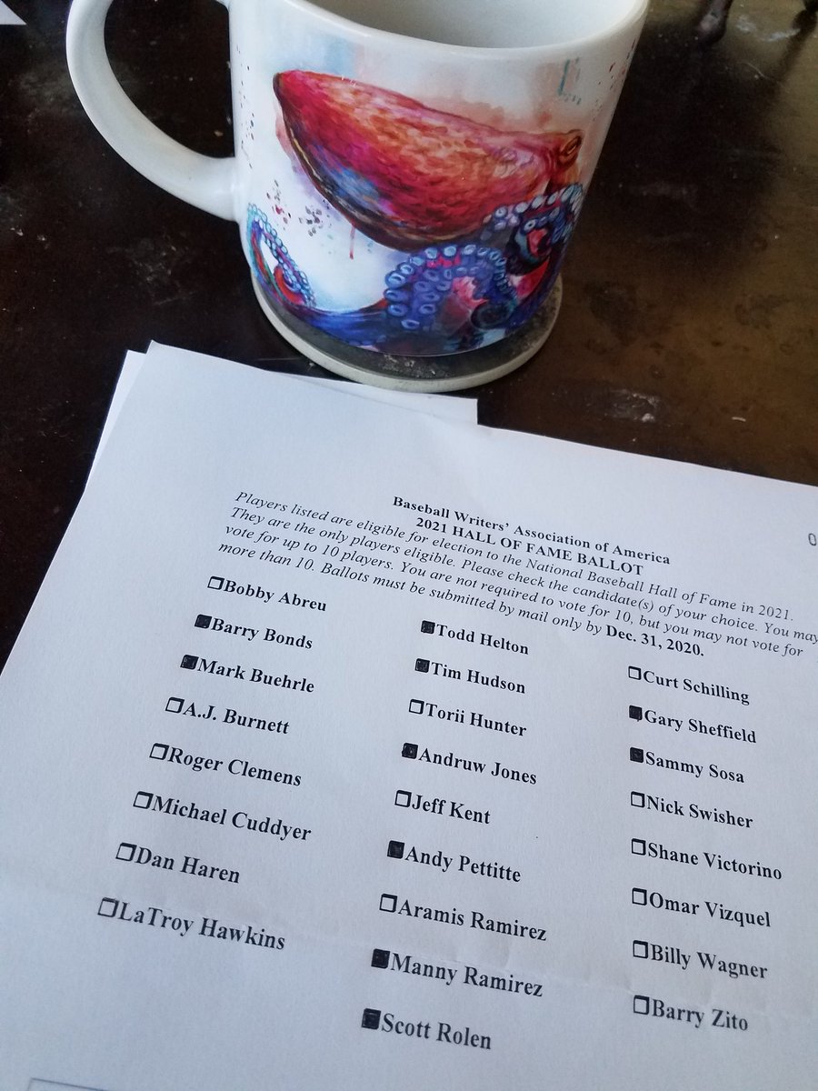 I mailed in my  @baseballhall vote yesterday. Operating from the belief there are at least 16 worthy choices on the ballot, cutting down from 11 was especially hard. If my ballot could have gone to 11, I'd have been able to keep Billy Wagner.