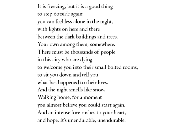 DennisAusMarsei's tweet photo. "And the night smells like snow.
Walking home, for a moment
you almost believe you could start again.
And an intense love rushes to your heart,
and hope. It's unendurable, unendurable."
Always one of my favourite bits of #poetry by #FranzWright
❄️ https://t.co/X92NOyFn2r